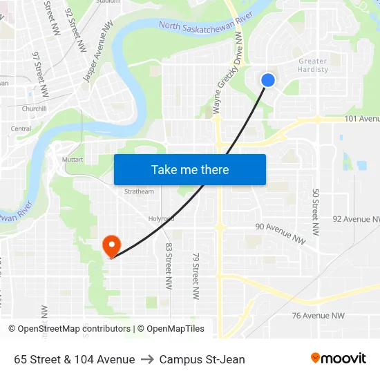 65 Street & 104 Avenue to Campus St-Jean map