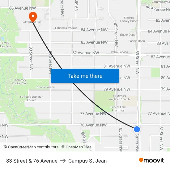 83 Street & 76 Avenue to Campus St-Jean map