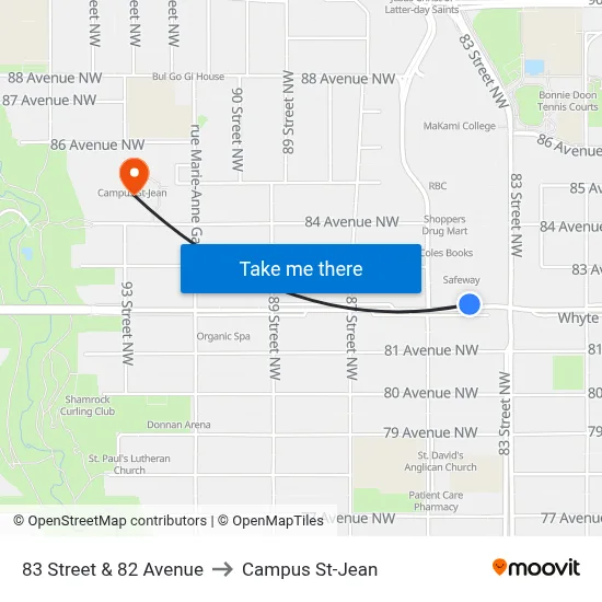 83 Street & 82 Avenue to Campus St-Jean map