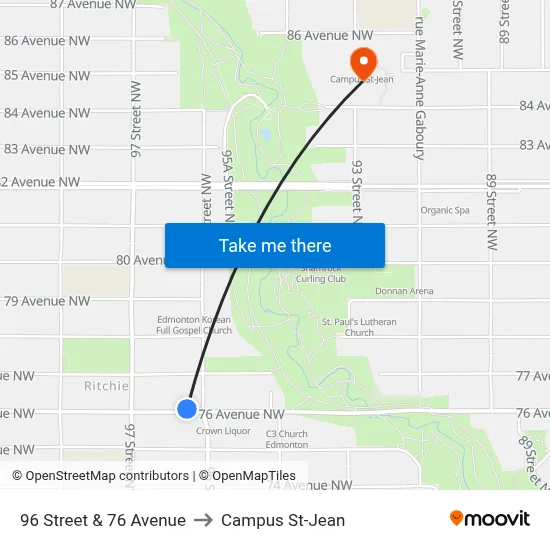 96 Street & 76 Avenue to Campus St-Jean map