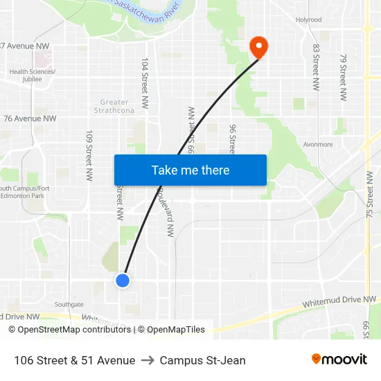 106 Street & 51 Avenue to Campus St-Jean map