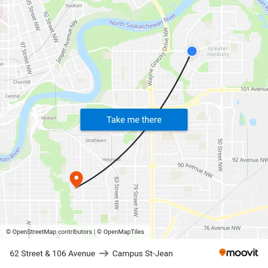 62 Street & 106 Avenue to Campus St-Jean map