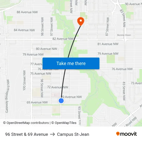 96 Street & 69 Avenue to Campus St-Jean map