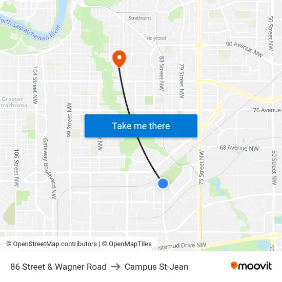 86 Street & Wagner Road to Campus St-Jean map