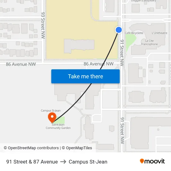 91 Street & 87 Avenue to Campus St-Jean map