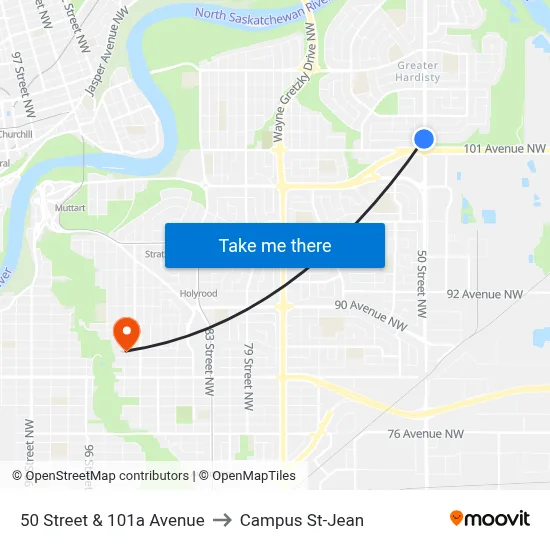 50 Street & 101a Avenue to Campus St-Jean map