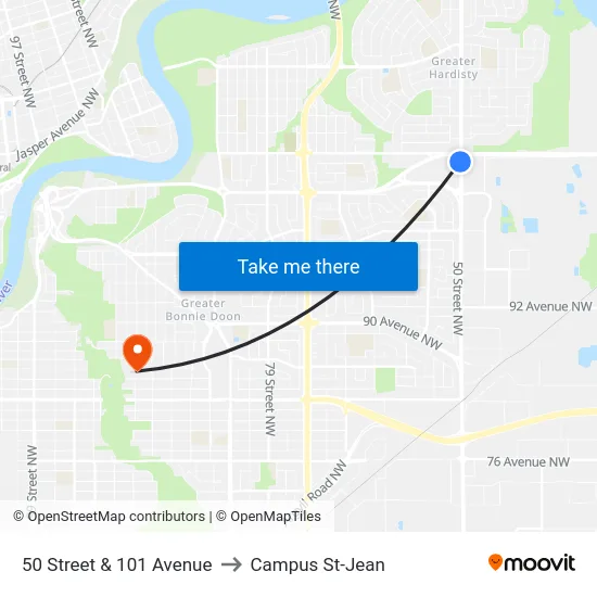 50 Street & 101 Avenue to Campus St-Jean map