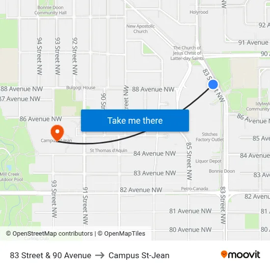 83 Street & 90 Avenue to Campus St-Jean map