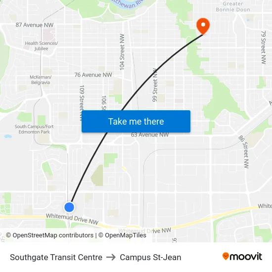 Southgate Transit Centre to Campus St-Jean map