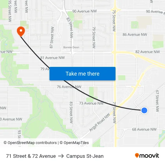71 Street & 72 Avenue to Campus St-Jean map