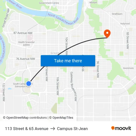 113 Street & 65 Avenue to Campus St-Jean map