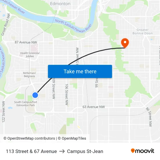 113 Street & 67 Avenue to Campus St-Jean map
