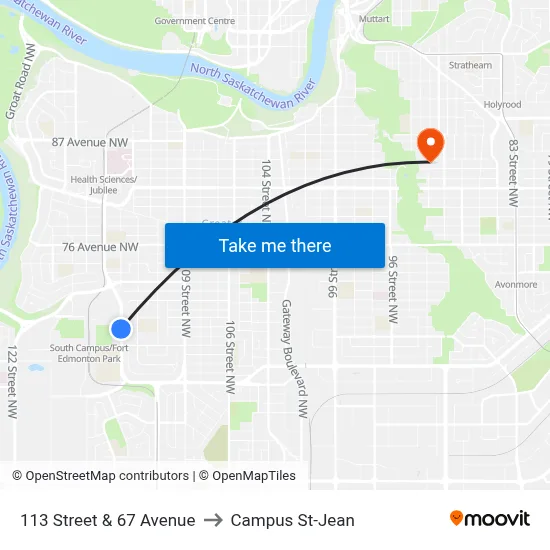 113 Street & 67 Avenue to Campus St-Jean map