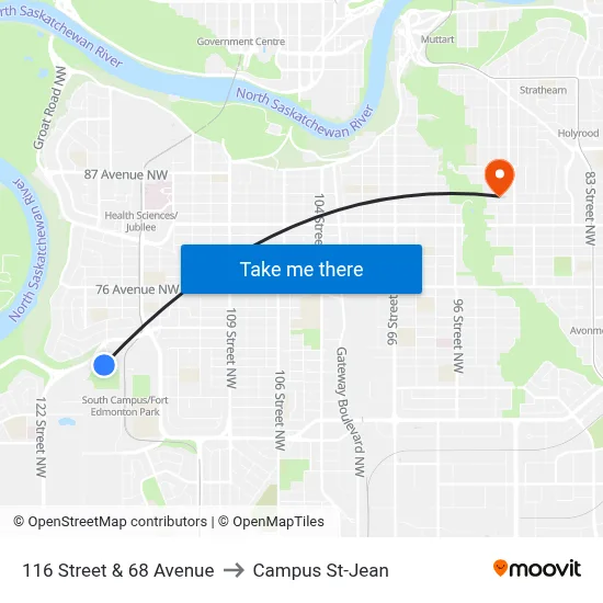 116 Street & 68 Avenue to Campus St-Jean map