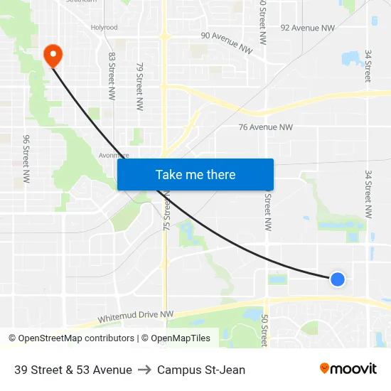 39 Street & 53 Avenue to Campus St-Jean map