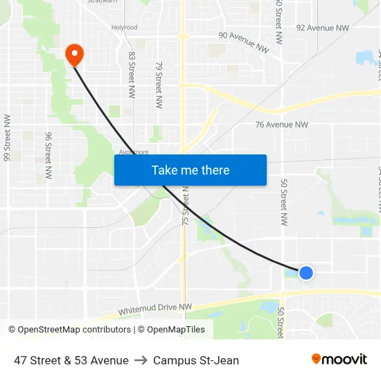 47 Street & 53 Avenue to Campus St-Jean map