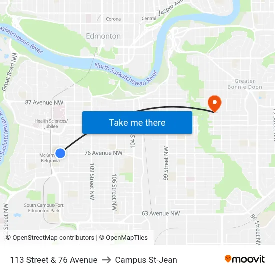113 Street & 76 Avenue to Campus St-Jean map