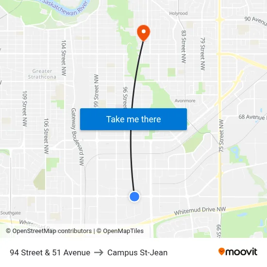 94 Street & 51 Avenue to Campus St-Jean map