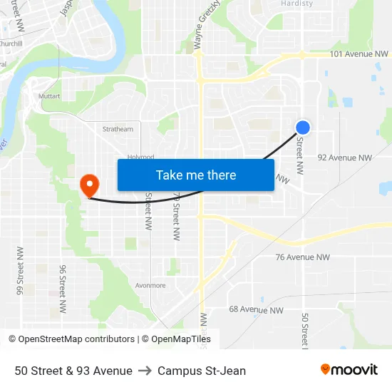 50 Street & 93 Avenue to Campus St-Jean map