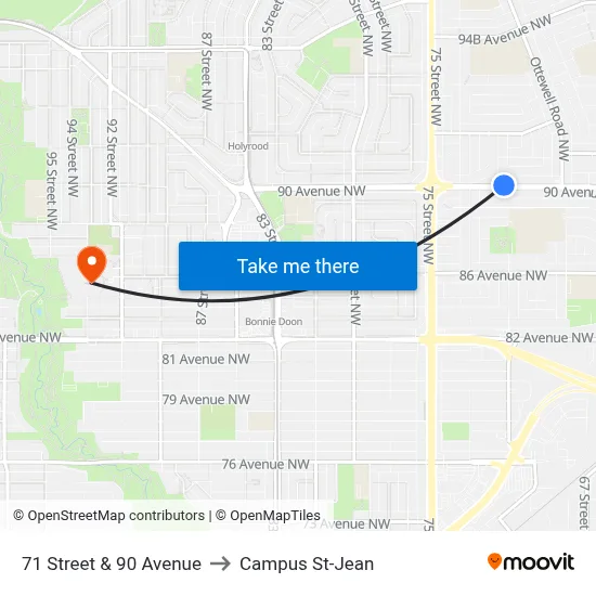 71 Street & 90 Avenue to Campus St-Jean map