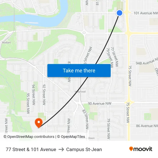 77 Street & 101 Avenue to Campus St-Jean map