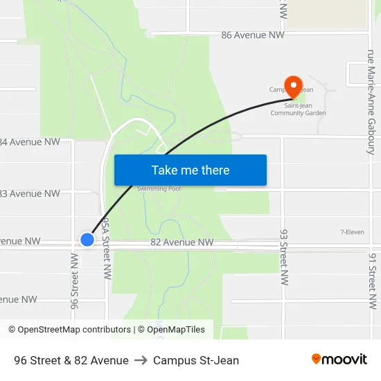 96 Street & 82 Avenue to Campus St-Jean map