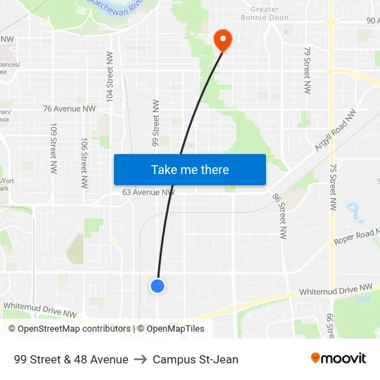 99 Street & 48 Avenue to Campus St-Jean map