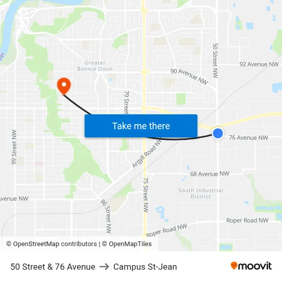 50 Street & 76 Avenue to Campus St-Jean map