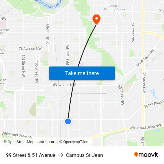 99 Street & 51 Avenue to Campus St-Jean map
