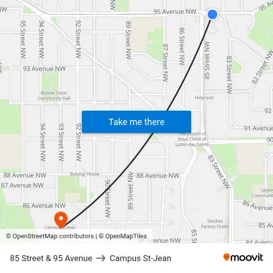85 Street & 95 Avenue to Campus St-Jean map