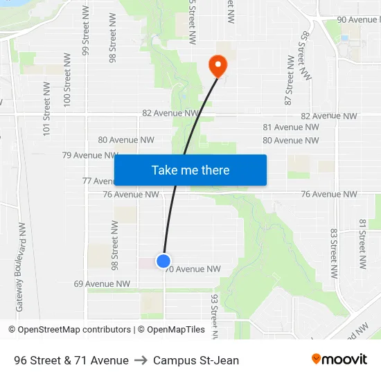 96 Street & 71 Avenue to Campus St-Jean map