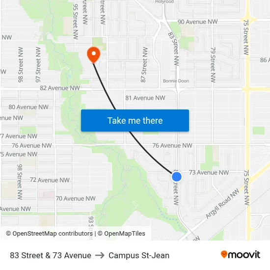 83 Street & 73 Avenue to Campus St-Jean map