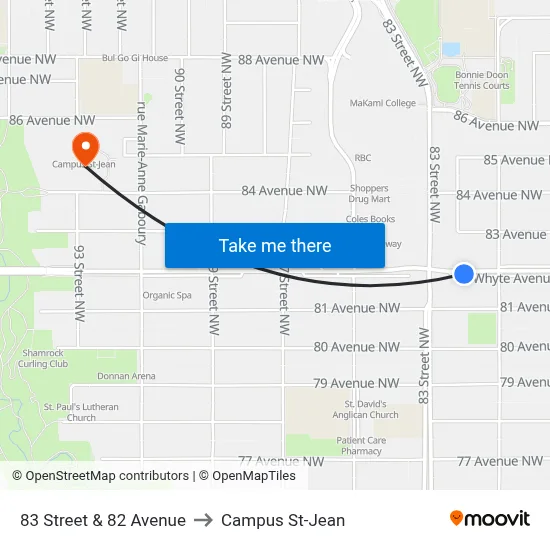 83 Street & 82 Avenue to Campus St-Jean map