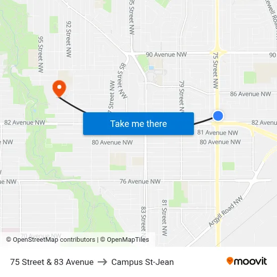 75 Street & 83 Avenue to Campus St-Jean map