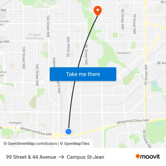 99 Street & 44 Avenue to Campus St-Jean map
