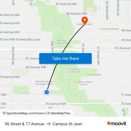 96 Street & 77 Avenue to Campus St-Jean map