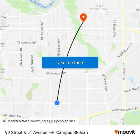 99 Street & 51 Avenue to Campus St-Jean map