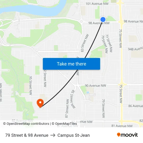 79 Street & 98 Avenue to Campus St-Jean map