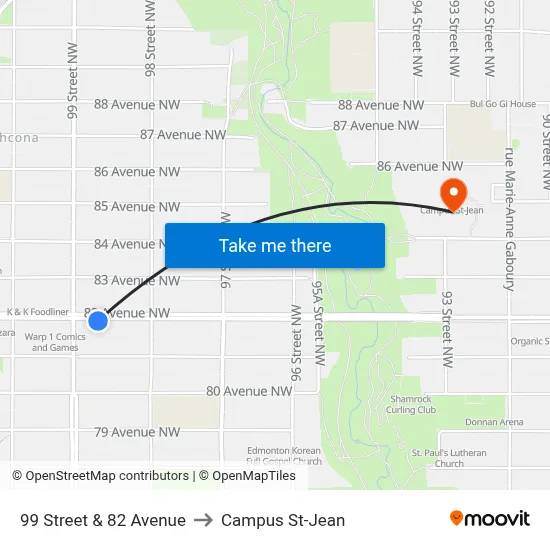 99 Street & 82 Avenue to Campus St-Jean map