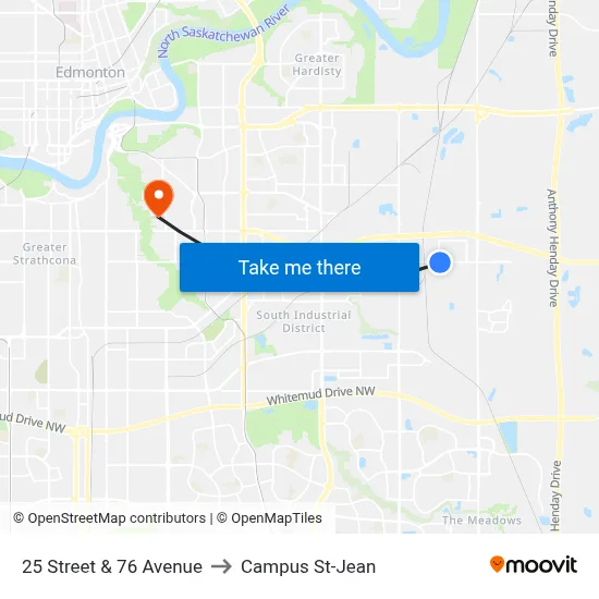 25 Street & 76 Avenue to Campus St-Jean map