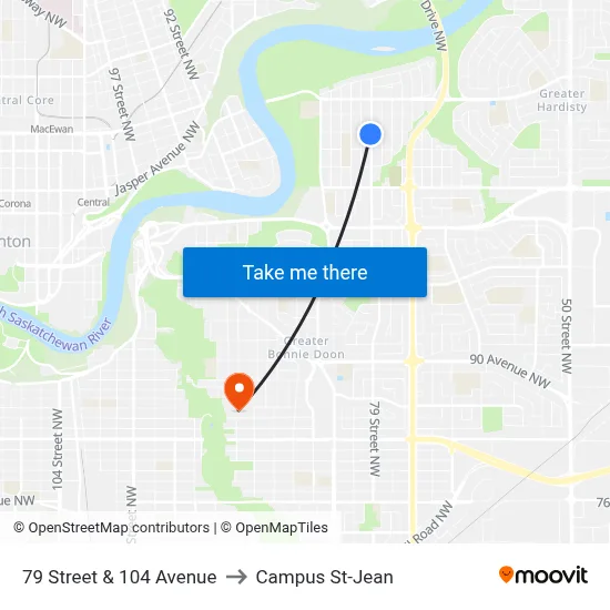 79 Street & 104 Avenue to Campus St-Jean map
