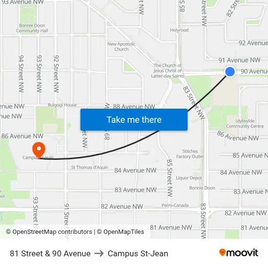 81 Street & 90 Avenue to Campus St-Jean map