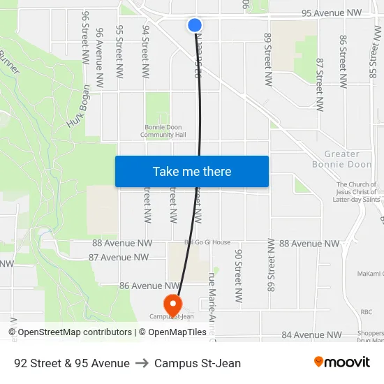 92 Street & 95 Avenue to Campus St-Jean map