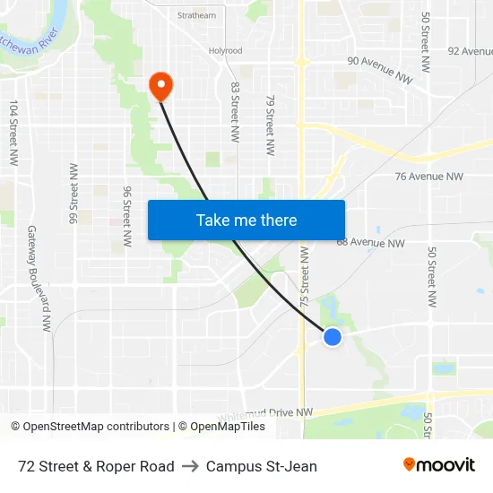 72 Street & Roper Road to Campus St-Jean map