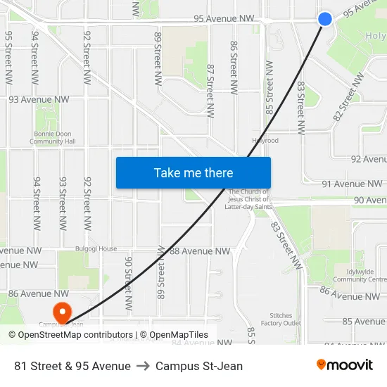 81 Street & 95 Avenue to Campus St-Jean map