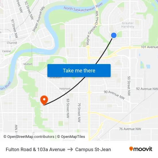 Fulton Road & 103a Avenue to Campus St-Jean map