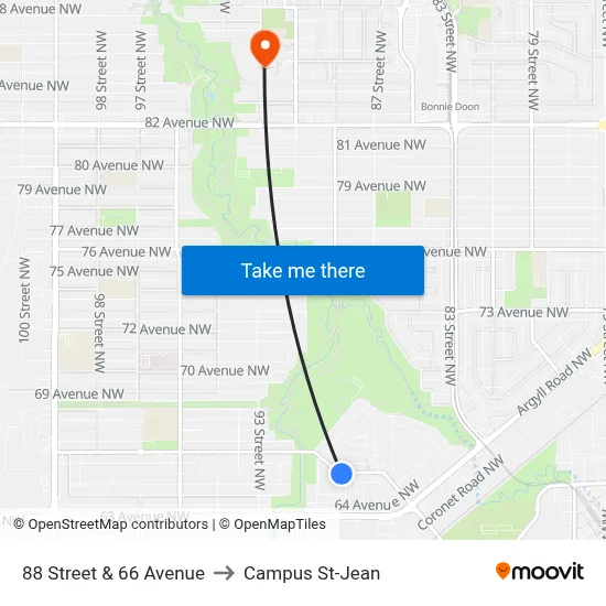 88 Street & 66 Avenue to Campus St-Jean map