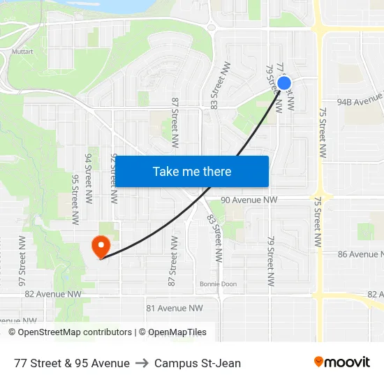 77 Street & 95 Avenue to Campus St-Jean map