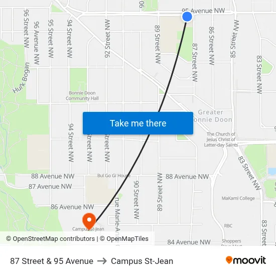 87 Street & 95 Avenue to Campus St-Jean map