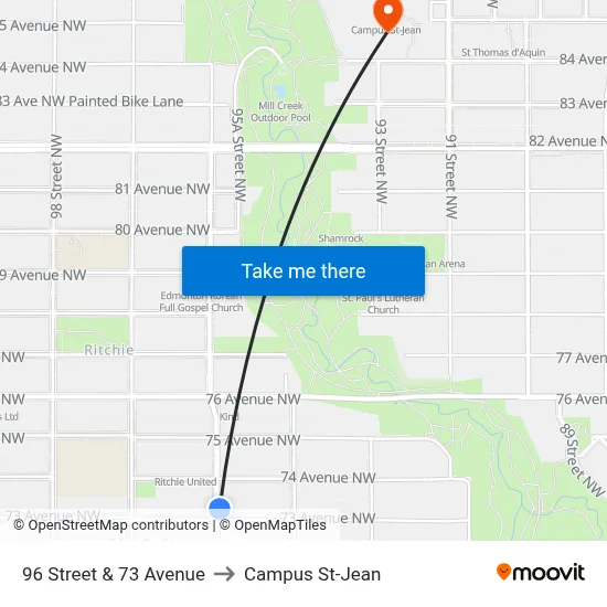 96 Street & 73 Avenue to Campus St-Jean map